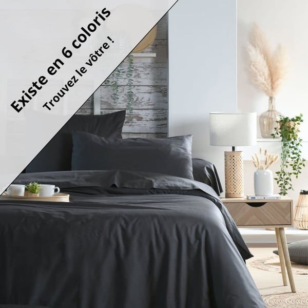 Drap housse percale av bomull - Stof - 140x200 cm - Stort gummiband 30 cm - Antracit - Modell Elysée - 100% bomull