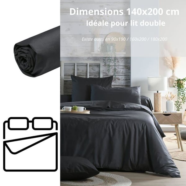 Drap housse percale av bomull - Stof - 140x200 cm - Stort gummiband 30 cm - Antracit - Modell Elysée - 100% bomull