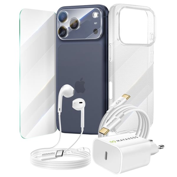 Tillbehörspaket - MAYAXESS - iPhone 17 Pro Max - Transparent skal - Snabbladdare - USB-C hörlurar