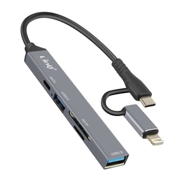 USB-C och Lightning OTG Hub 1x USB-C-port + 2x USB + SD / TF-kort LinQ Black