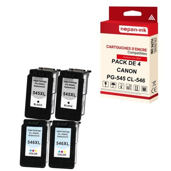 NOPAN-INK - x4 Patroner CANON 545 XL (x2) + 546 XL (x2) kompatibla med Canon Pixma MG 3000 Serien, MG 3000 Serien, MG 3000 Serien, M