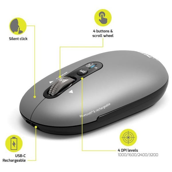 Trådlös mus - PORT Designs - 910009 PURE - Bluetooth - Laddningsbar - Grå