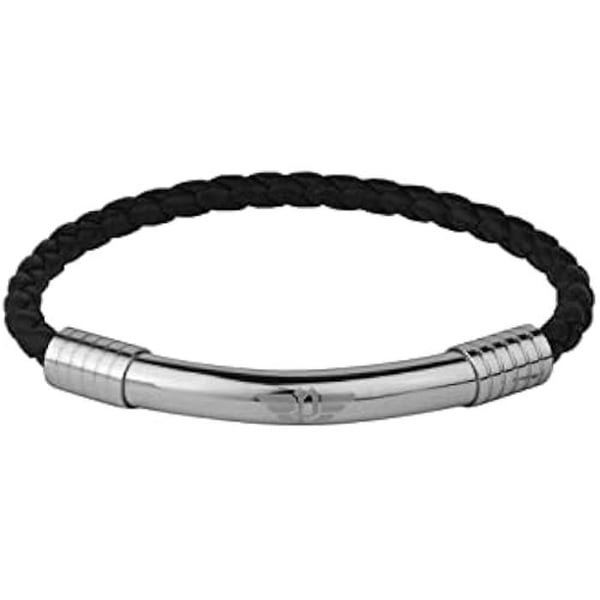 Armband - POLICE - Flätat läder - Shiny Steel - Svart - 190 mm