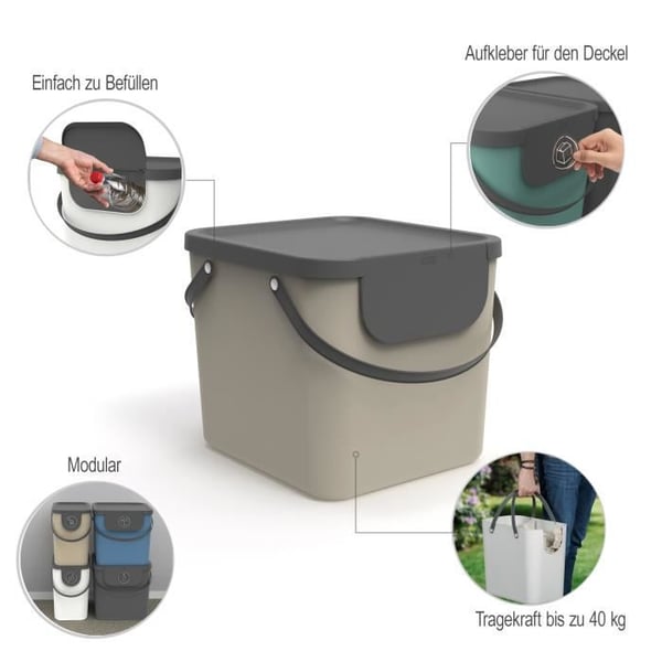 Rotho Albula Affaldssorteringssystem 40l til køkkenet, Plast (PP) uden BPA, cappuccino/antracit, 40l (39,8 x 35,8)