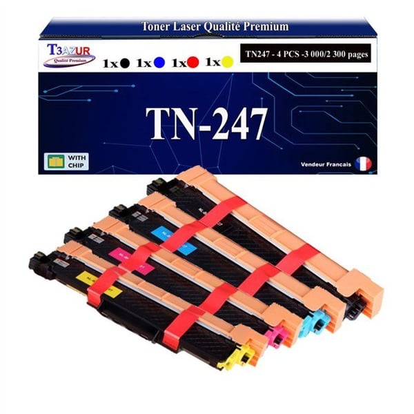 T3AZUR - 4 kompatibla toners med TN247 för Brother DCP-L3510CDW, DCP-L3550CDW Svart - 3 000 sidor - T3AZUR