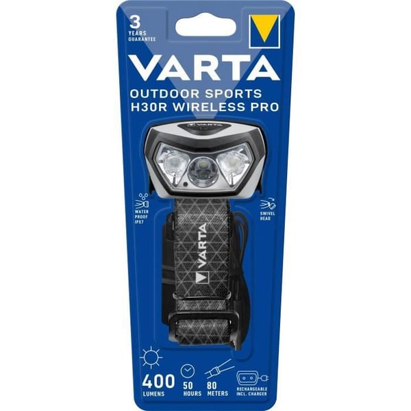 Frontal-VARTA-Outdoor Sports H30R Wireless Pro-400lm-Genopladelig-IPX7-3 lystilstande-2 farver-Ladestation inkluderet