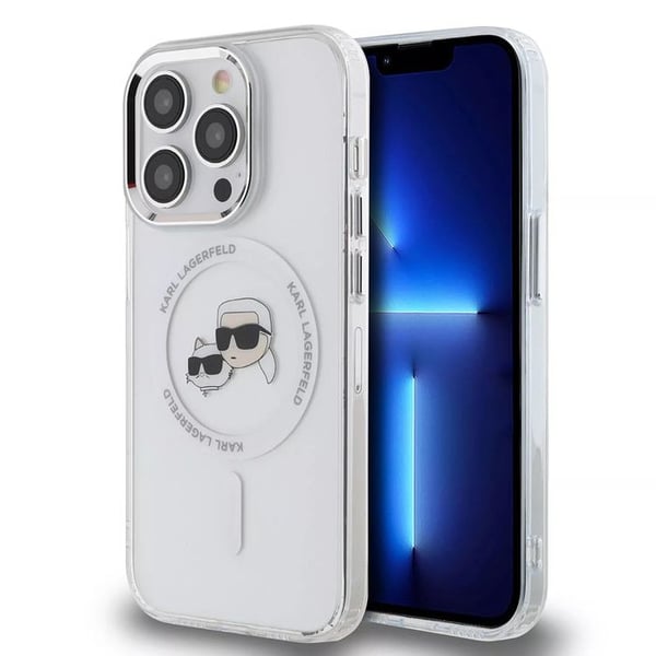 Coque för iPhone 15 Pro - Karl Lagerfeld IML MagSafe (KLHMP15LHLHLSKCH) - Huvud Karl&Choupette i Vitt Metall