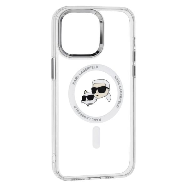 Coque för iPhone 15 Pro - Karl Lagerfeld IML MagSafe (KLHMP15LHLHLSKCH) - Huvud Karl&Choupette i Vitt Metall