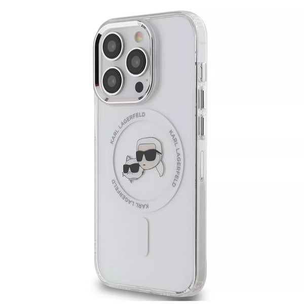 Coque för iPhone 15 Pro - Karl Lagerfeld IML MagSafe (KLHMP15LHLHLSKCH) - Huvud Karl&Choupette i Vitt Metall