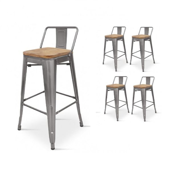 Set med 4 industristolar med ryggstöd i rå metall med galvaniserad yta och sits i ljus trä - Höjd 76 cm