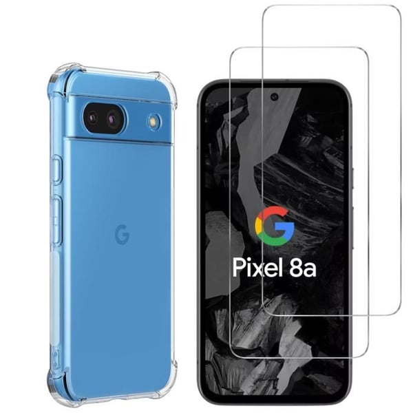 Stötsäker skal för Google Pixel 8a och 2 Härdat Glas Skärmskydd Phonillico