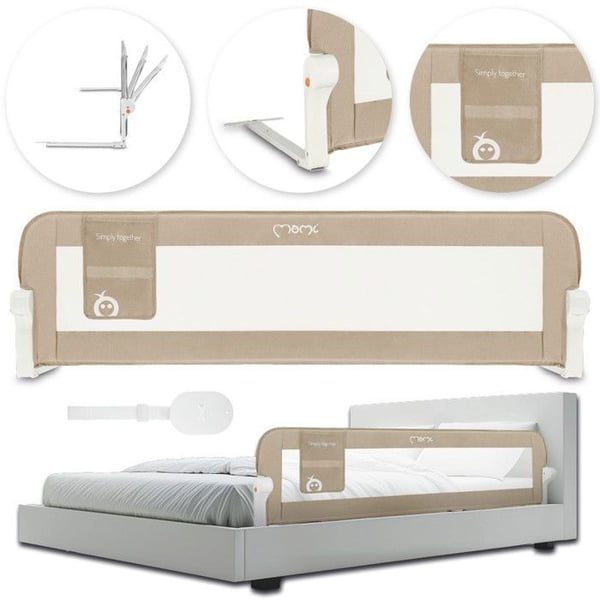 MoMi LEXI PLUS - Spädbarnssängbarriär 150×43 cm - Fällbar 180° - Säkerhetssystem - Andningsbart nät - Stor ficka - Beige