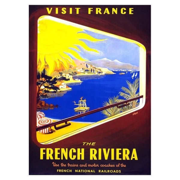 Legendarte - Vintage franska rivieran turistaffisch - målning, tryck på duk cm. 50x70