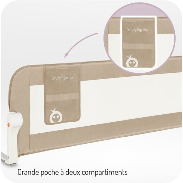 MoMi LEXI PLUS - Spädbarnssängbarriär 150×43 cm - Fällbar 180° - Säkerhetssystem - Andningsbart nät - Stor ficka - Beige
