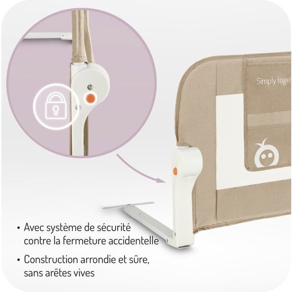 MoMi LEXI PLUS - Spädbarnssängbarriär 150×43 cm - Fällbar 180° - Säkerhetssystem - Andningsbart nät - Stor ficka - Beige