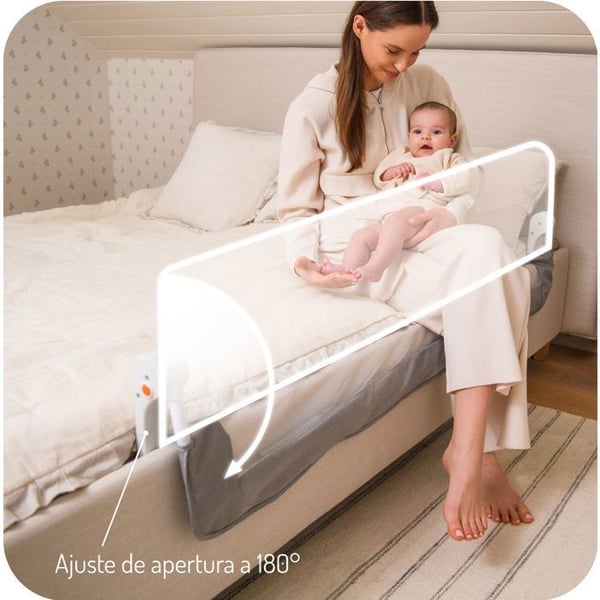 MoMi LEXI PLUS - Spädbarnssängbarriär 150×43 cm - Fällbar 180° - Säkerhetssystem - Andningsbart nät - Stor ficka - Beige