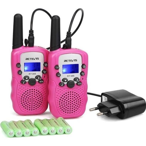 Retevis RT388 Uppladdningsbar Walkie Talkie för barn PMR446 8 kanaler 10 VOX samtalstoner LCD-skärm (rosa, 1 par)