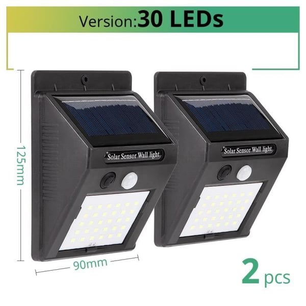 Utomhuslampa - Solenergi - 30 LED - PIR rörelse Detector - Vattentålig - 2 stycken