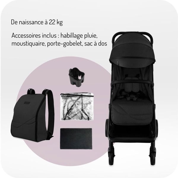 MoMi ANDREA - Sammenklappelig autostol 0m+ op til 22 kg - Let 7,3 kg - Drejelig stang - Tilbehørssæt + rygsæk - Sort