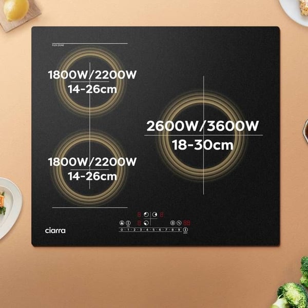 CIARRA Häll 3 brännare 6500W Boosters Zon Modulerbar 9 effektnivåer Induktionshäll 59cm CD3BFBIH