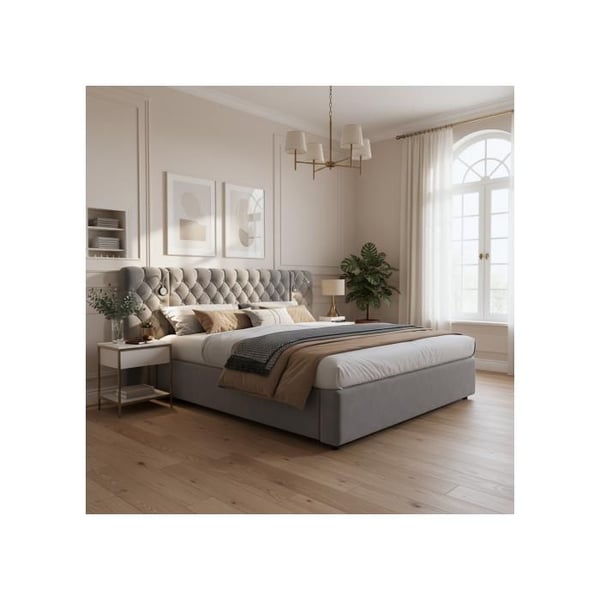 Polstret seng - MUVOE - 180 x 200 cm - Velour - Hydraulisk opbevaring - Læselampe