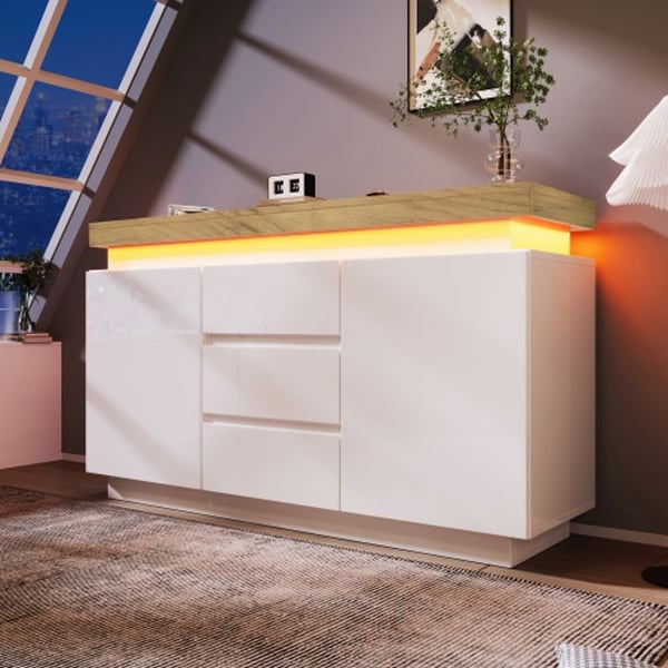 Kommode - MUVOE - 81 x 140 x 39 cm - LED-belysning - 3 skuffer - Hvid højglans