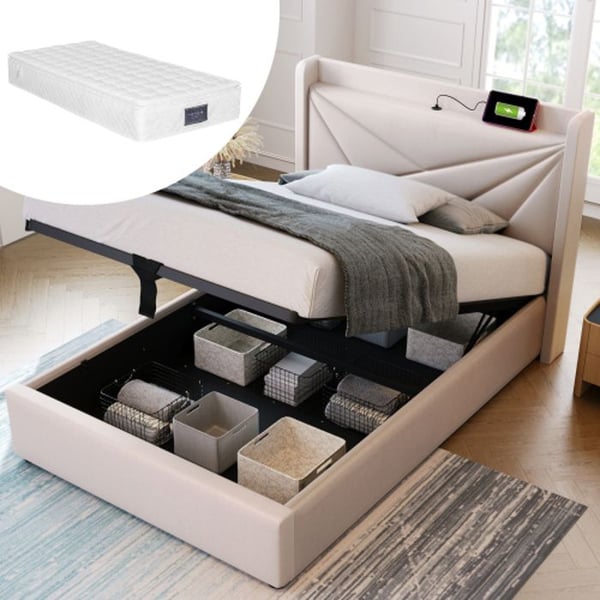 Lit simple - MUVOE - 90x200 - Polstret - Hovedgærde med USB-C - Indbygget opbevaring