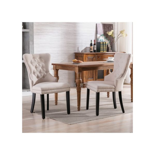 Matstol i lin med knappar och träben - set om 2 (beige)