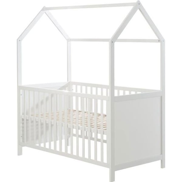 ROBA Lit Cabane Bébé Évolutif 70x140 cm - Konvertibel till Junior-säng och Bänk - Justerbar Höjd - Lackat Trä Vitt