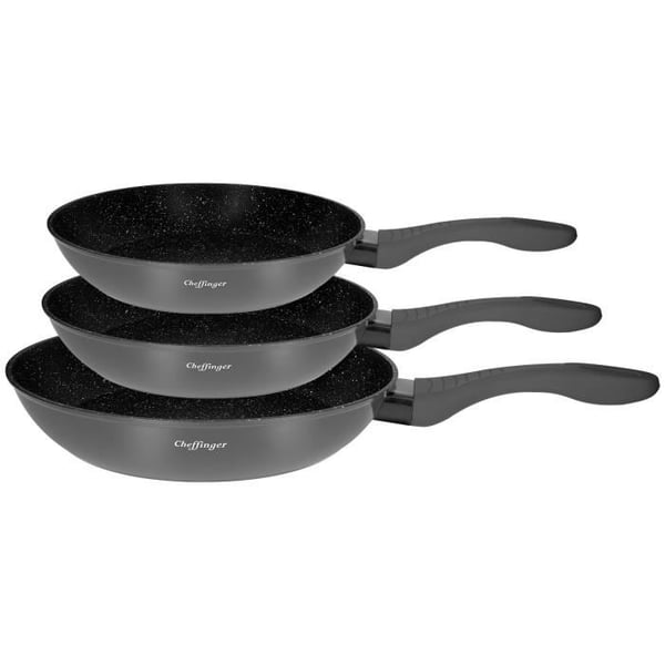 Set med 3 non-stick stekpannor Cheffinger 20/24/28 cm — grå stenskal, silikonhandtag