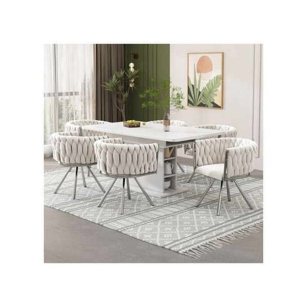 Sæt af 6 spisestole i lys beige velour med 360° drejefunktion - ergonomisk ryg, sølvfødder