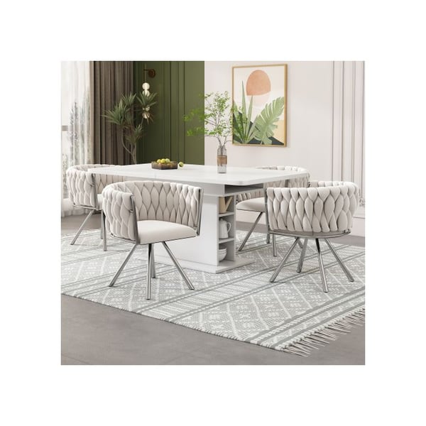 Sæt af 6 spisestole i lys beige velour med 360° drejefunktion - ergonomisk ryg, sølvfødder