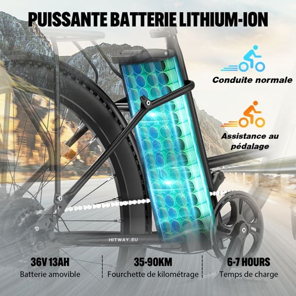 HITWAY Sähköpyörä E-Bike 28 Tuumaa, Moottori 250W, Akka 36V 13Ah, 7 Vaihdetta, LCD-näyttö - Musta