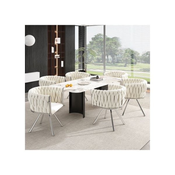 Sæt af 6 spisestole i lys beige velour med 360° drejefunktion - ergonomisk ryg, sølvfødder