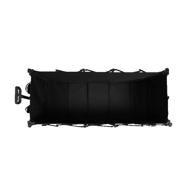 Foldbar havevogn, udstyret med store terræn-dæk, der er velegnede til sandede overflader, og en drikkeholder. Sort.