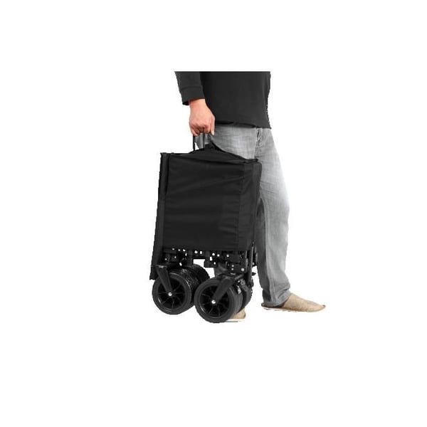 Foldbar havevogn, udstyret med store terræn-dæk, der er velegnede til sandede overflader, og en drikkeholder. Sort.