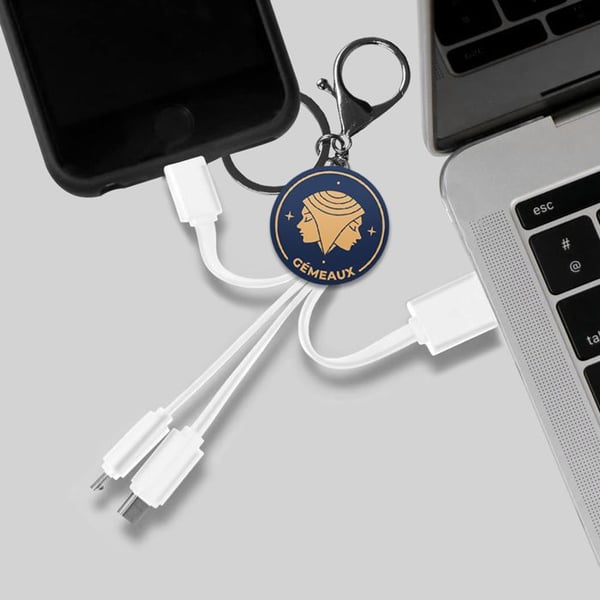 USB 3-i-1-kabel - AVIZAR - YELLO KOKO Tvillingar - Nyckelring - 15 cm - Snabbladdning 10W/2A