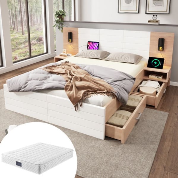 Dubbelsäng i trä 140 x 200 cm med 2 lådor, sänggavel med USB-laddare, med 2 sängbord, ek (med madrass)