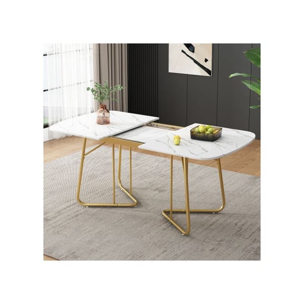 Hvid udtrækstabel med gyldne metalben. Dimensioner med udtræk: 140/180 × 80 cm. Passer til 4 til 6 personer.