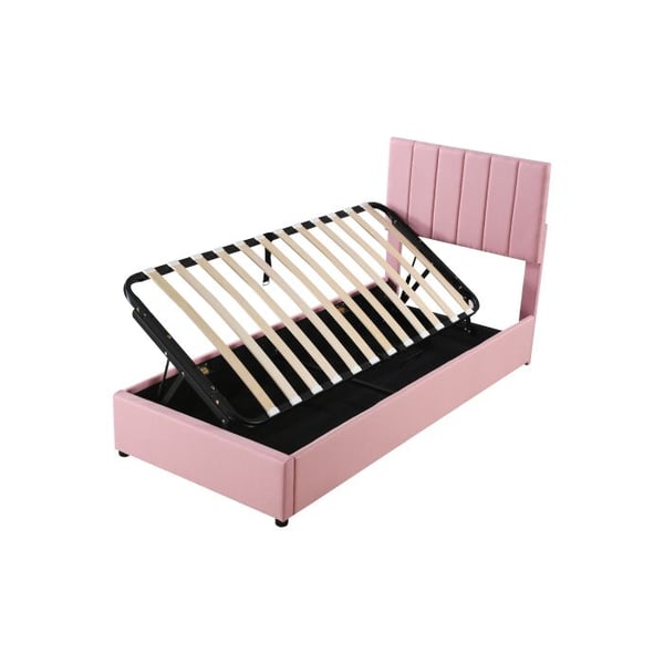 Børneseng - MUVOE - 90x200 cm - Polstret - Hydraulisk opbevaring - Rosa