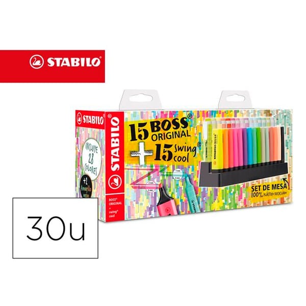 Fluorescerande överstrykningspenna - STABILO - 30-pack - Sned spets - Assorterande färger - Vattenbaserat bläck - Oföränderlig