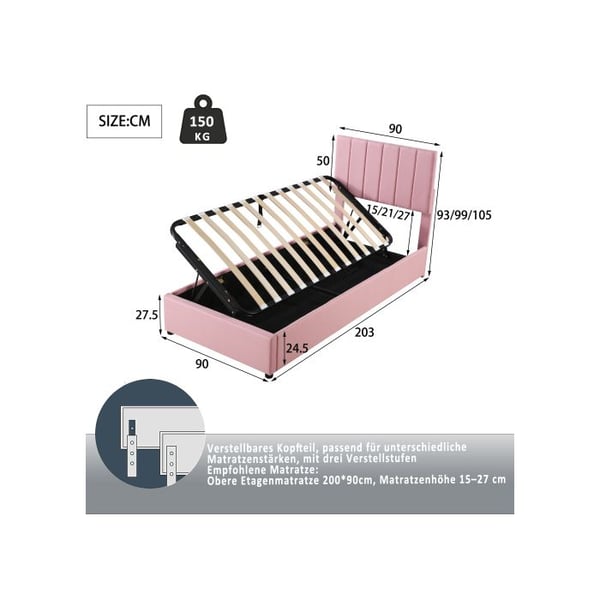 Børneseng - MUVOE - 90x200 cm - Polstret - Hydraulisk opbevaring - Rosa