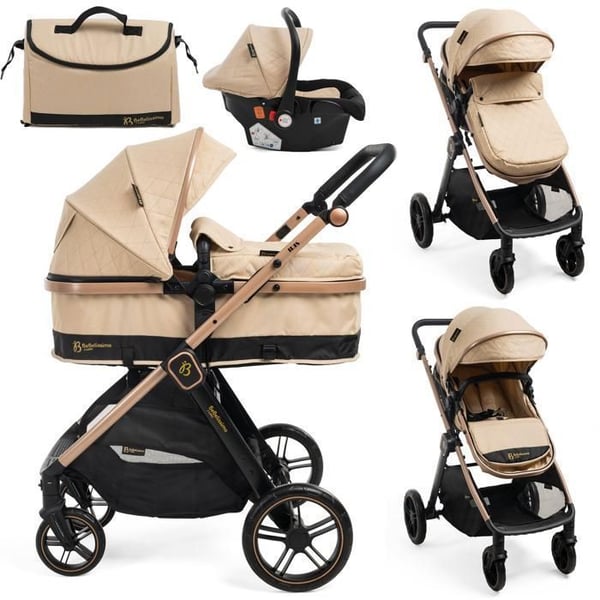 Kombinerad trio barnvagn 3 i 1 - bilstol – liggdel – från födseln – upp till 22kg - Bebelissimo - IRIS - beige