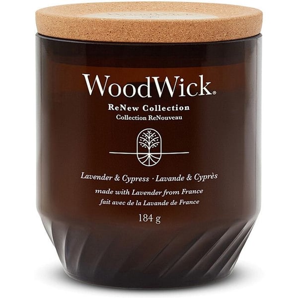 Doftljus - WOODWICK - Renew Lavender - Soja- och kokoscera - Träveke - 55h brinntid