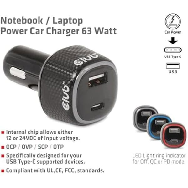 Biloplader - CLUB 3D - CAC-1922 - 12 V - 63 W - USB Type C sikret
