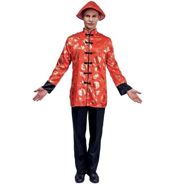 Kinesisk Kostym Man - PTIT CLOWN - Röd och Guld Kinesisk Kostym - Storlek S-M - Jacka och hatt ingår