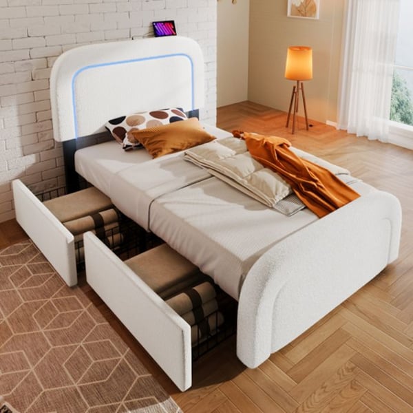 Sengestel - MUVOE - 90x200 cm - USB Type C - LED belysning - 2 skuffer