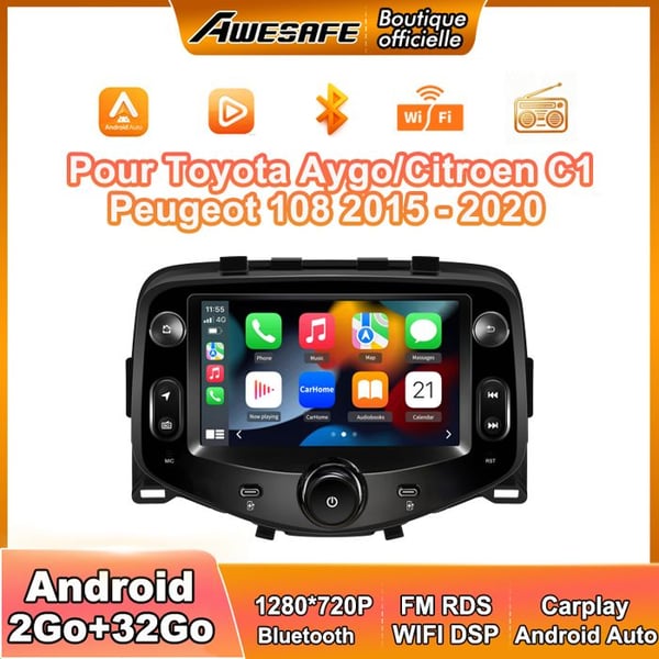 AWESAFE Autoradio Android 13 2Go+32Go för Toyota Aygo/Citroen C1/Peugeot 108 (2015-2020) 7'' Touchskärm Carplay GPS Android Auto