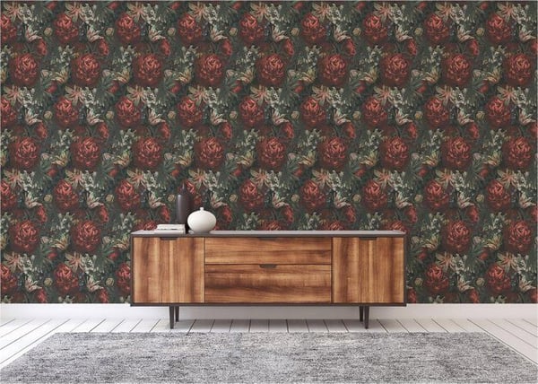 Tapet Blommor M1-No.3453 Non-woven tapet Röd Grön Blomster Natur