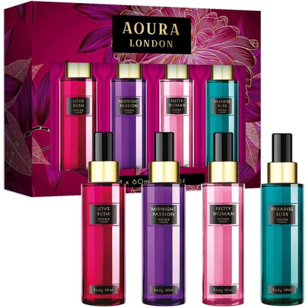 Kroppssprayset - AOURA LONDON - 4 x 60 ml - Kvinna - Frisk doft - Orientaliskt amber gourmand